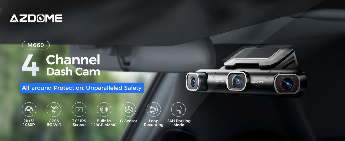 AZDOME 360° 4 Channel Dash Cam Front and Rear Inside, Built-in 128GB eMMC, 2K+1080P*3 Dashcam, Left Right, Voice Control, 5G WiFi Dash Camera for Cars with 4 Adjustable Lenses, IR Night Vision, M660