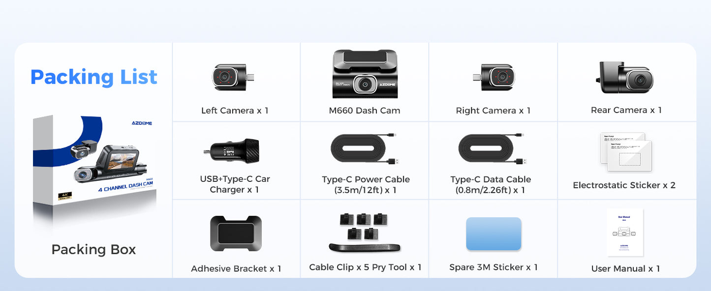 AZDOME 360° 4 Channel Dash Cam Front and Rear Inside, Built-in 128GB eMMC, 2K+1080P*3 Dashcam, Left Right, Voice Control, 5G WiFi Dash Camera for Cars with 4 Adjustable Lenses, IR Night Vision, M660