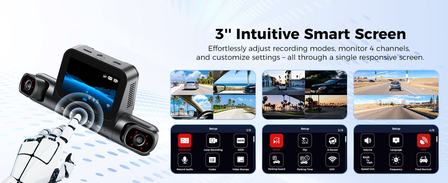 AZDOME 360° 4 Channel Dash Cam Front and Rear Inside, Built-in 128GB eMMC, 2K+1080P*3 Dashcam, Left Right, Voice Control, 5G WiFi Dash Camera for Cars with 4 Adjustable Lenses, IR Night Vision, M660