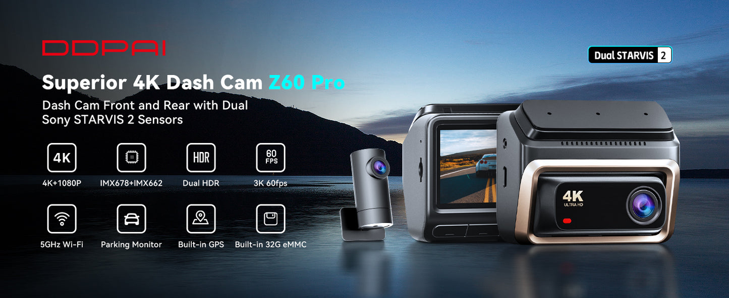 DDPAI 4K Dash Cam Front and Rear, 4K+1080P Dash Cam, Dual STARVIS 2 Sensors,5G WiFi GPS, Dashcam with Free 32GB eMMC,Night Vision,3" IPS,HDR,ADAS,24 Hours Parking Mode,Loop Recording G-Sensor, Z60 Pro