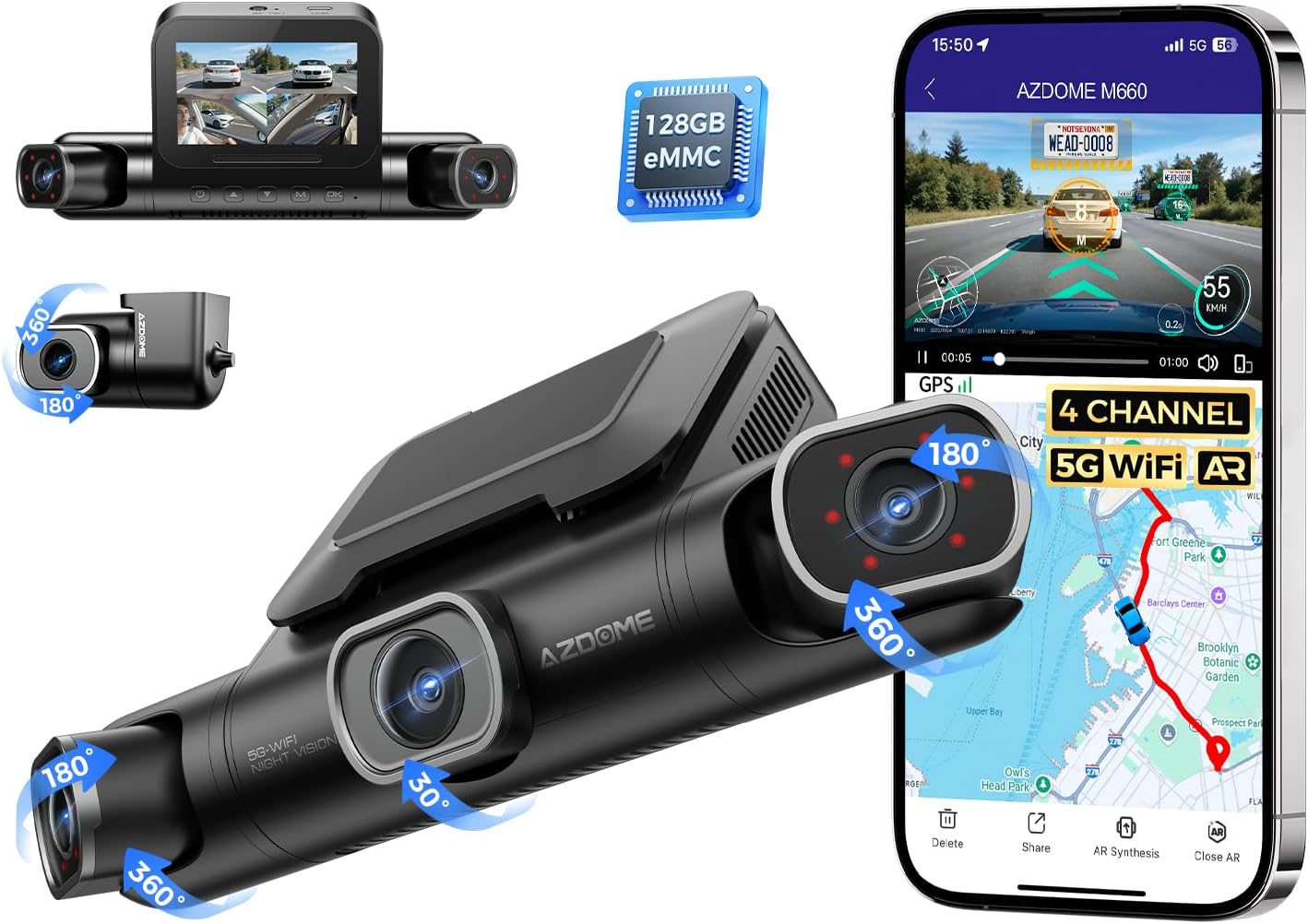 AZDOME 360° 4 Channel Dash Cam Front and Rear Inside, Built-in 128GB eMMC, 2K+1080P*3 Dashcam, Left Right, Voice Control, 5G WiFi Dash Camera for Cars with 4 Adjustable Lenses, IR Night Vision, M660
