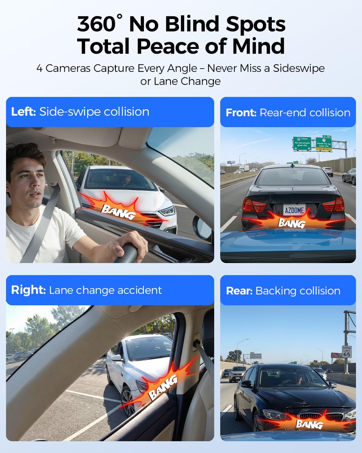 AZDOME 360° 4 Channel Dash Cam Front and Rear Inside, Built-in 128GB eMMC, 2K+1080P*3 Dashcam, Left Right, Voice Control, 5G WiFi Dash Camera for Cars with 4 Adjustable Lenses, IR Night Vision, M660